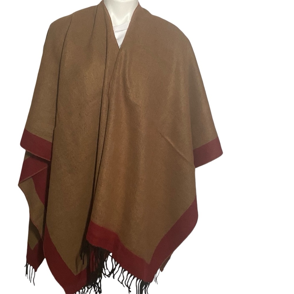 Pro Mod Made in France Soft Wrap Shawl Scarf Poncho Tan/Burgundy
